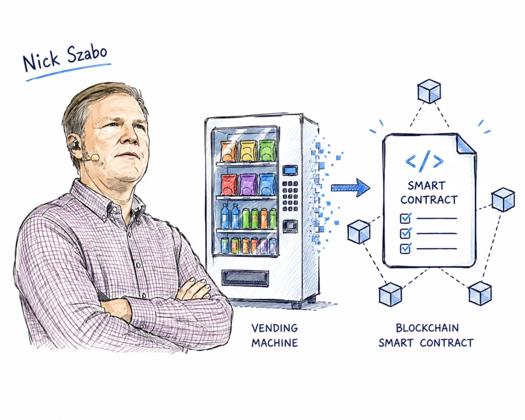 Nick Szabo beside a vending machine representing smart contracts.
