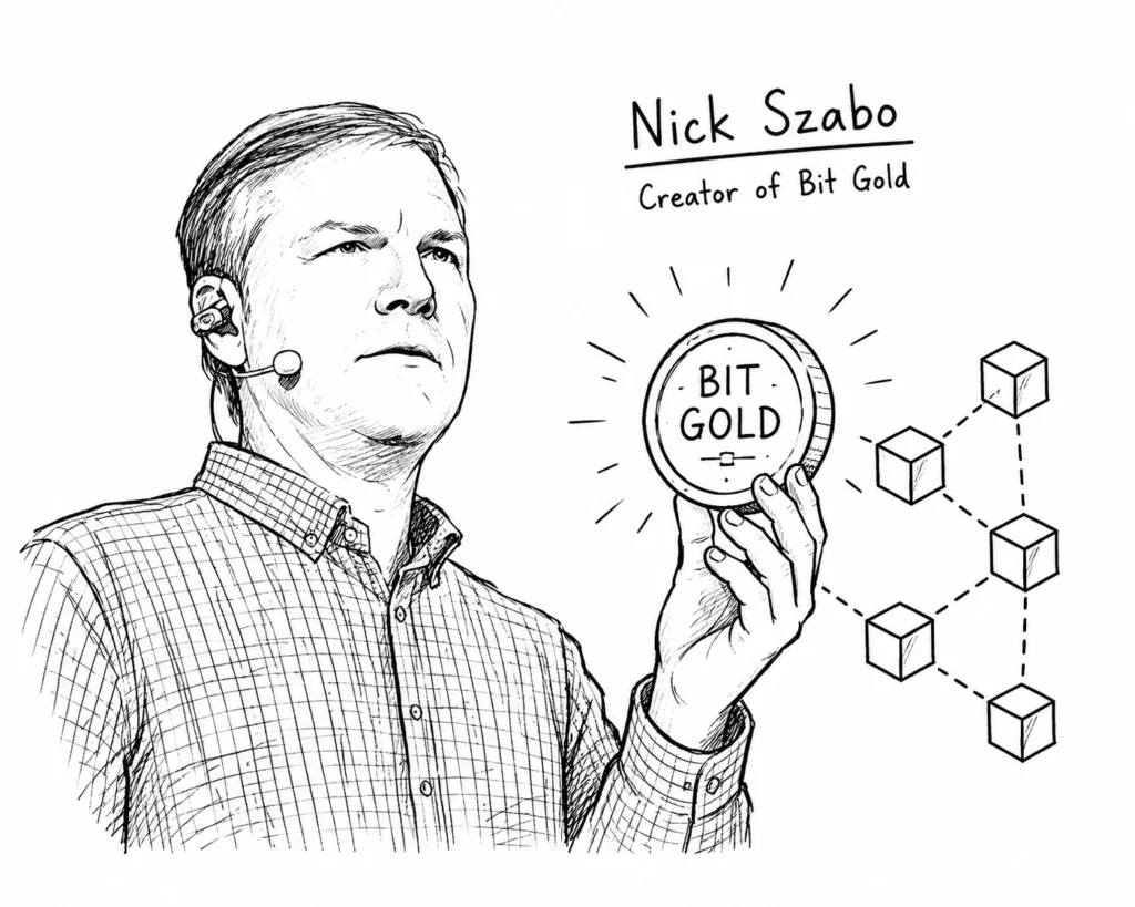 Nick Szabo holding a Bit Gold coin in a minimal blockchain illustration.