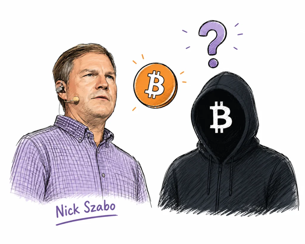 Nick Szabo beside a mysterious Bitcoin creator silhouette.