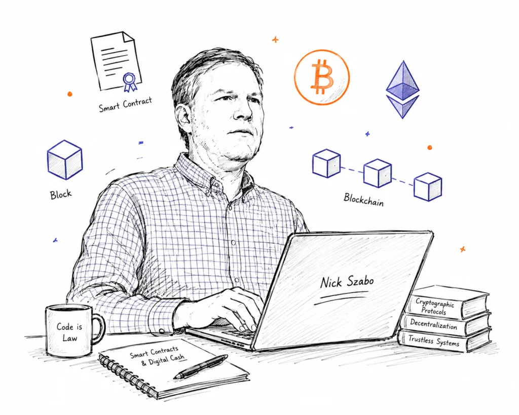 Nick Szabo writing blockchain research on a laptop.