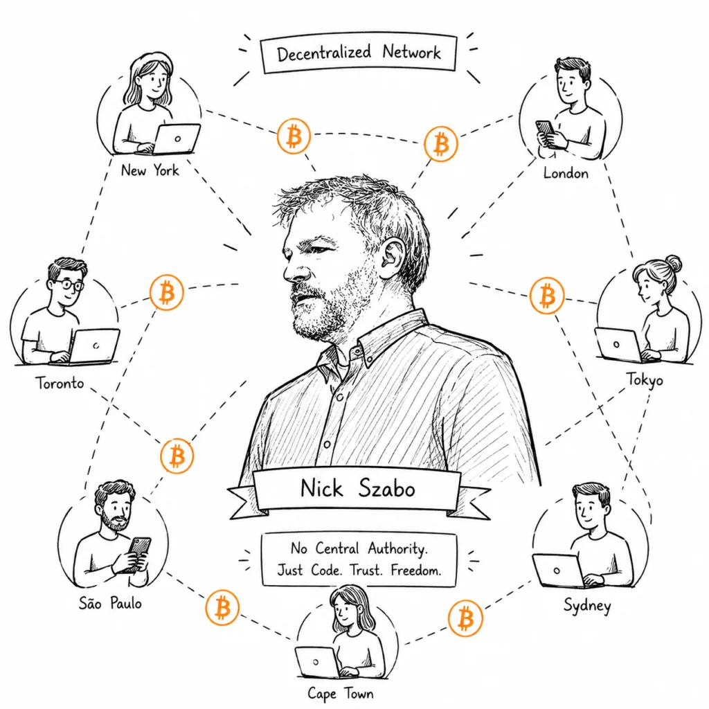 Nick Szabo surrounded by a decentralized Bitcoin network.