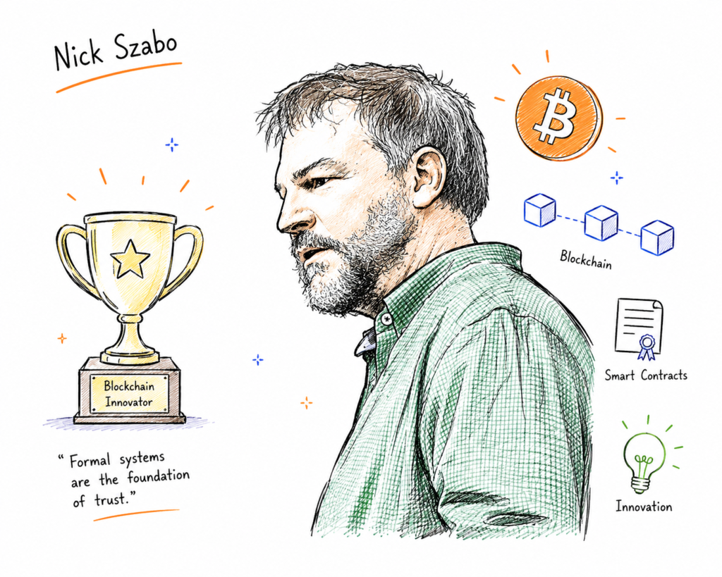 Nick Szabo with blockchain achievement and award symbols.