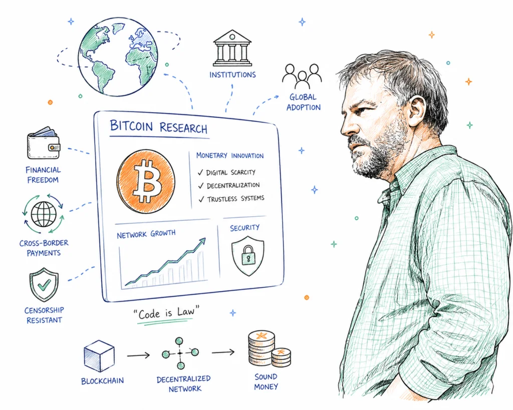 Nick Szabo working on Bitcoin research and financial systems.