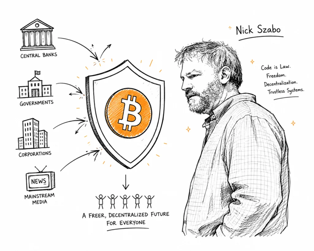 Nick Szabo beside Bitcoin and decentralization symbols