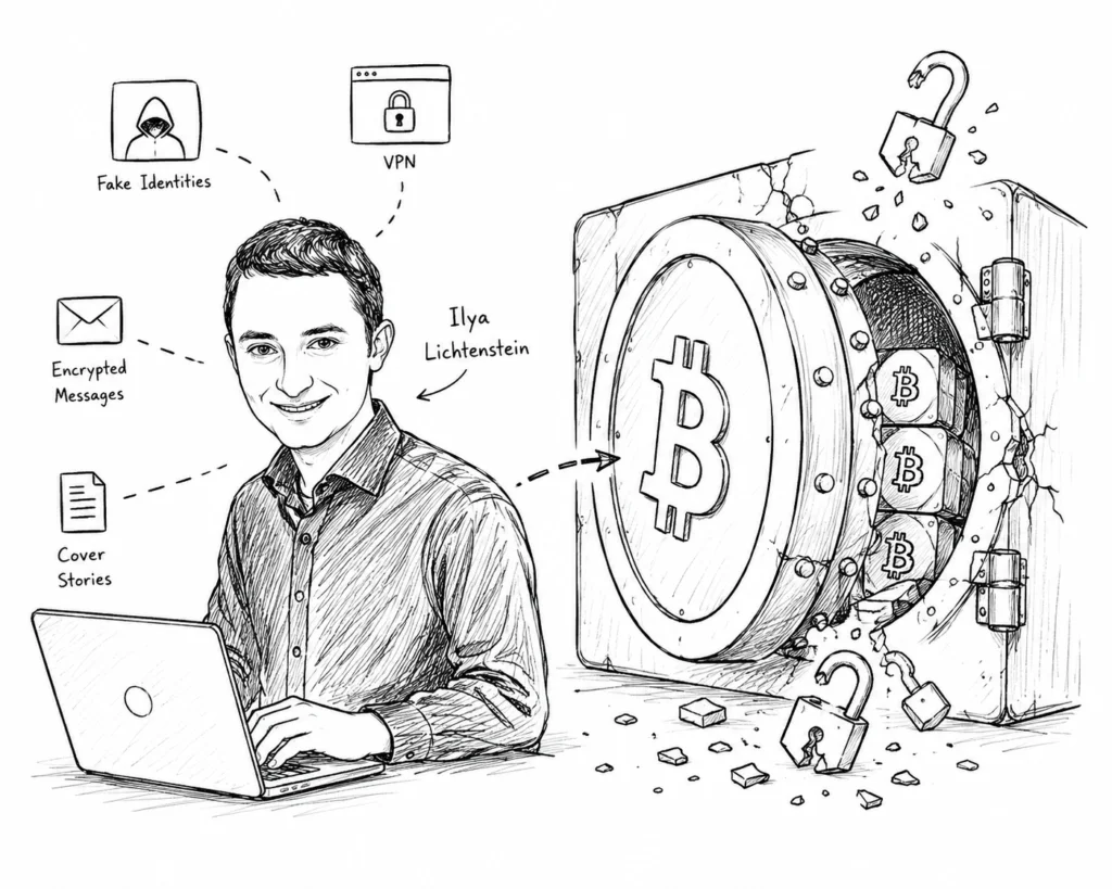 Ilya Lichtenstein connected to the Bitfinex Bitcoin hack in a minimal sketch style.