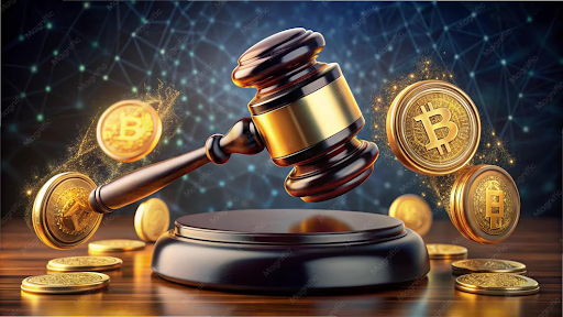 Judge's gavel raised above a sound block, surrounded by floating gold Bitcoin coins against a digital network background.