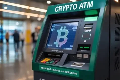 A crypto ATM displaying the Bitcoin symbol, with a keypad and card slot in a public indoor area.
