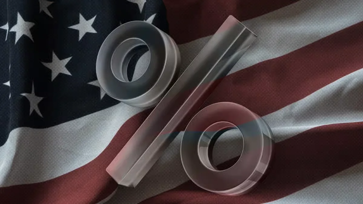 Large percentage symbol displayed over the United States flag, representing U.S. interest rates.