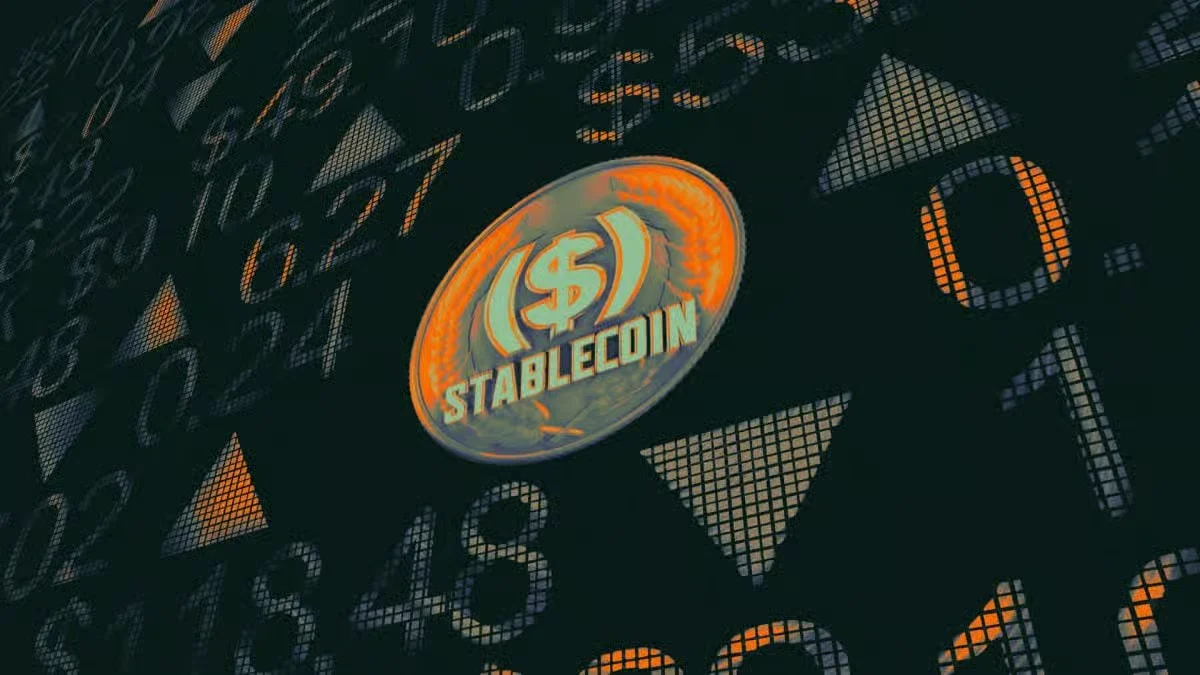 Stablecoin coin displayed against a digital market board with numbers and directional arrows, representing stablecoin trading and market activity.