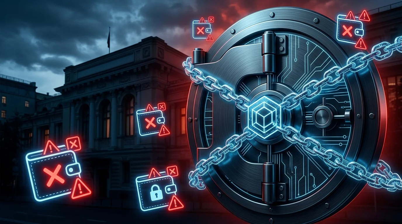 Chained digital vault surrounded by wallet warning icons, representing frozen crypto assets, blocked wallets, and blockchain security restrictions.