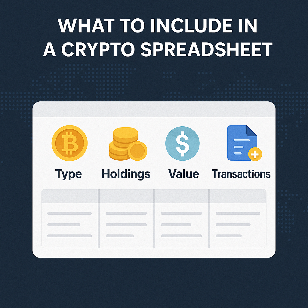 crypto tracking spreasheet; a list showing what to include in a crypto tracking spreasheet