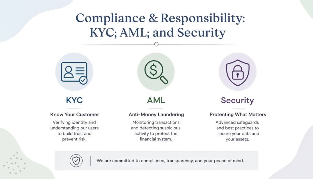 Eine Abbildung, die KYC, AML und Sicherheit als Bestandteile von Compliance und Verantwortung darstellt.