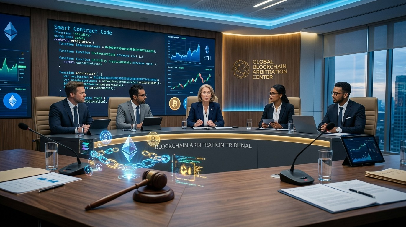 Fachleute sitzen während einer Sitzung zur Beilegung von Blockchain-Streitigkeiten um einen Konferenztisch in einem globalen Blockchain-Schiedszentrum.