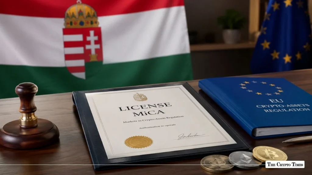 Judge's gavel, a MiCA license certificate, and a book labeled EU Crypto-Assets Regulation displayed on a desk with the Hungarian and European Union flags in the background.