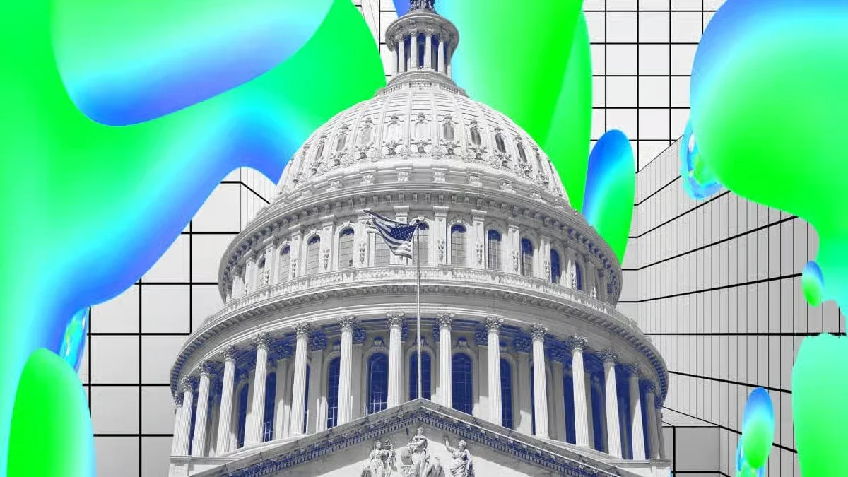 Eine stilisierte Illustration des US-Kapitols vor einem futuristischen Hintergrund mit hellgrünen und blauen abstrakten Formen und einem schwarz-weißen Rastermuster.