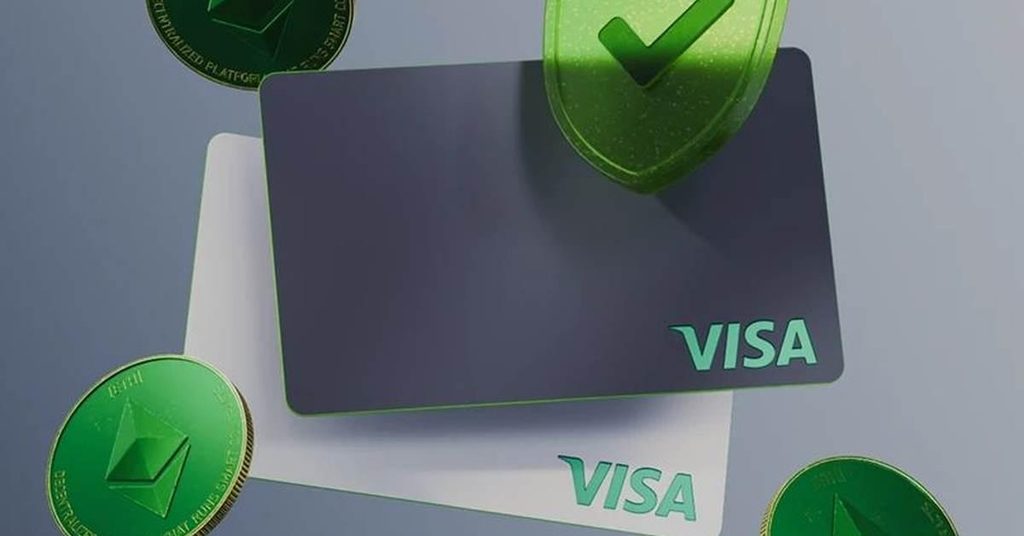 AI-generated image of visa cards in white and dark gray with a security shield and crypto coin