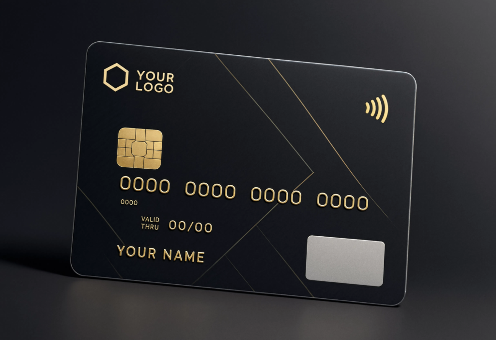 Um cartão branco com recursos personalizáveis sobre um fundo cinza.