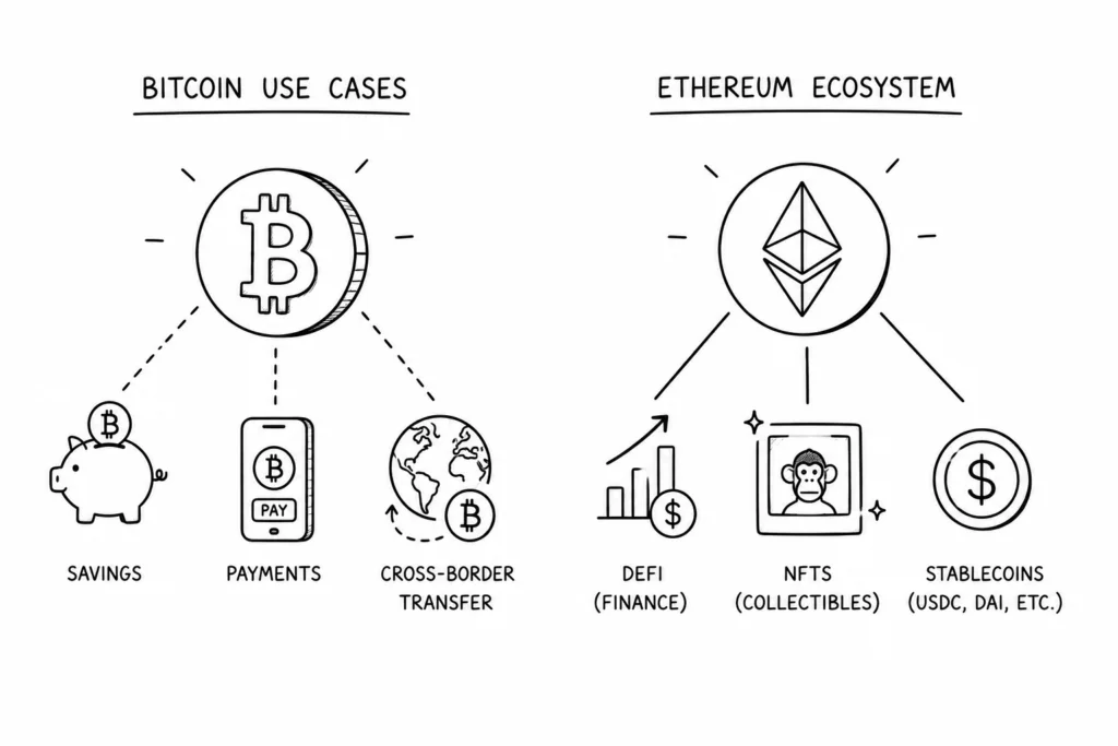 illustration showing Bitcoin and Ethereum use