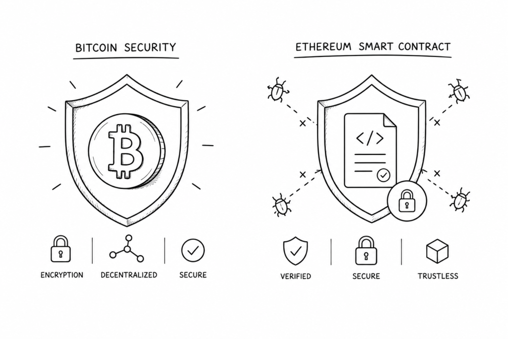 Bitcoin and Ethereum network security.