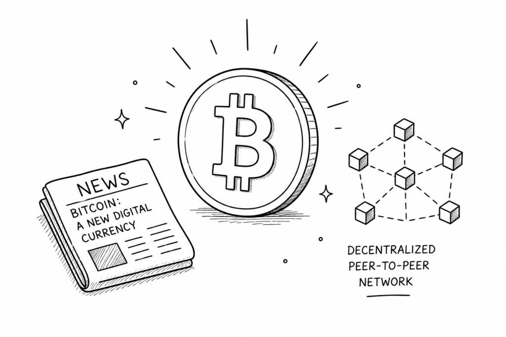 sketch to represent the origin of Bitcoin and decentralized money.