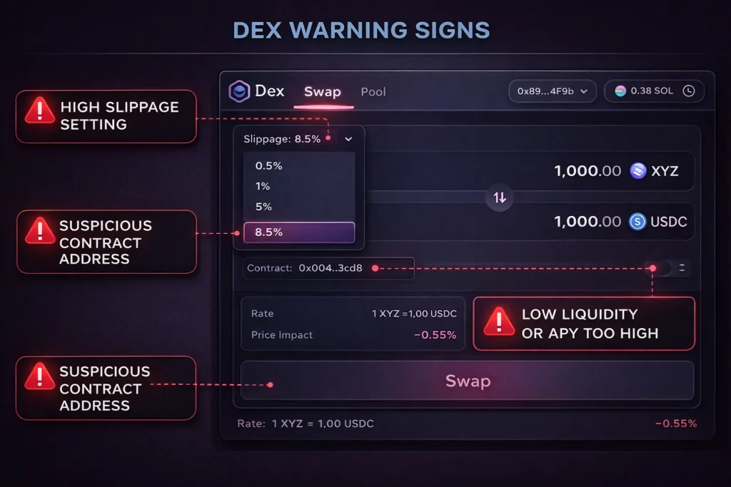 graphics of DEX warning risks on the interface