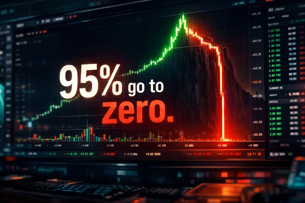 a dark neon-lit crypto trading terminal showing a line chart with explosive gains followed by a cliff-edge crash, with overlaid text "95% go to zero." Style