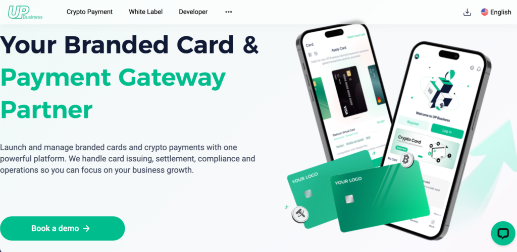 Upay business webpage showing Upay cards in green color, a mobile phone, action buttons, and web content