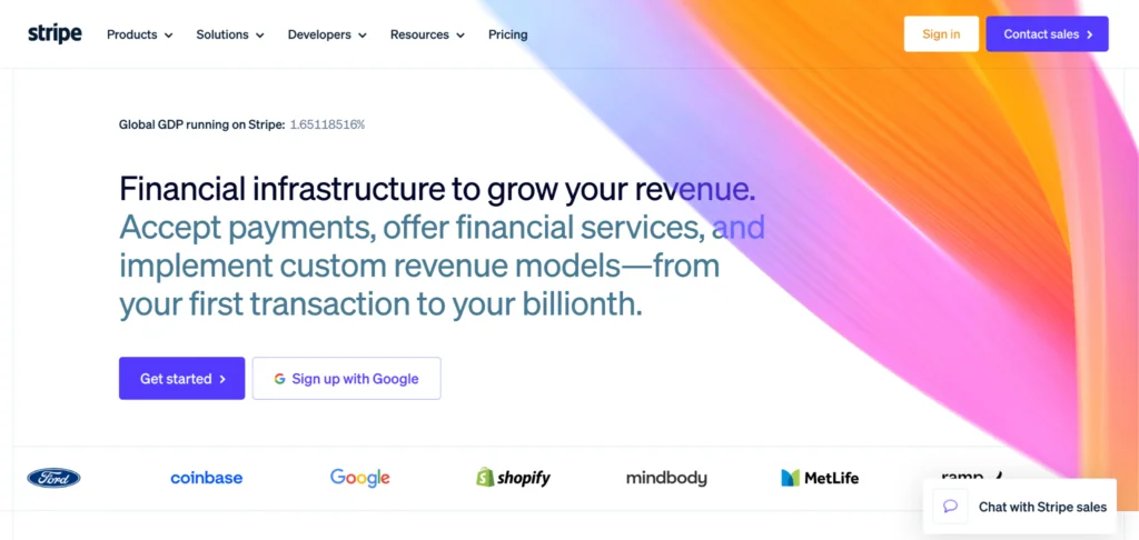 Stripe web page displays web content and action buttons