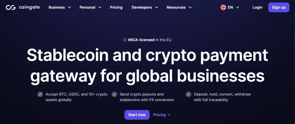 Coingate's web page displays web content and action buttons in white and blue colors.