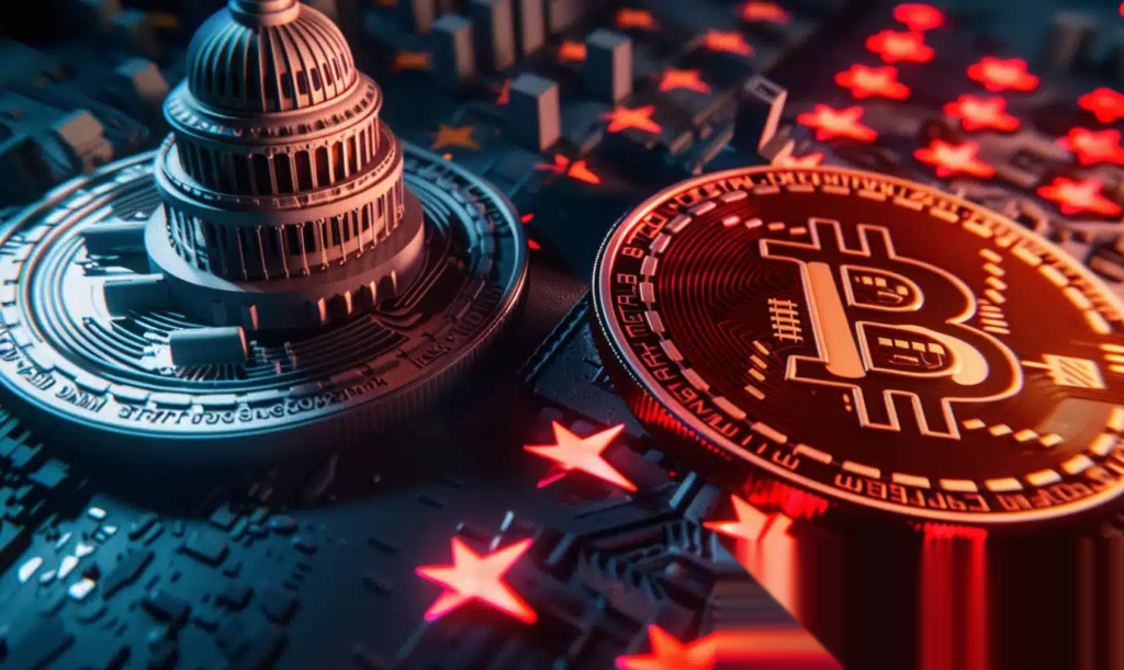 A stylized close-up of a government dome and a Bitcoin coin surrounded by glowing red and blue digital symbols, representing cryptocurrency and government regulation.