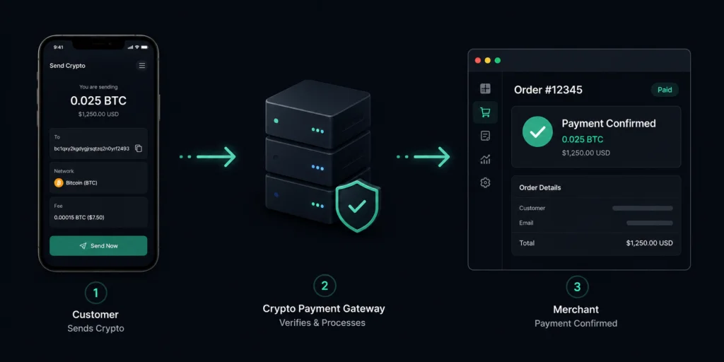Integrate Crypto Payments with Shopify and WooCommerce; An infographic showing how crypto is sent from customer to merchant