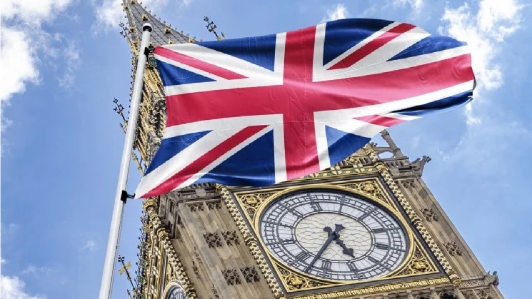A Union Jack flag waving in front of Big Ben in London, England.