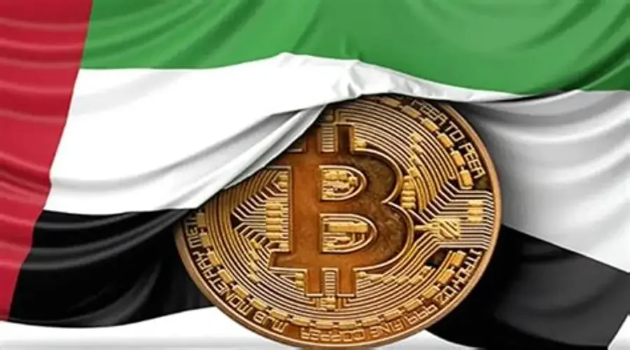Bitcoin coin displayed beneath the flag of the United Arab Emirates, representing cryptocurrency in the UAE.