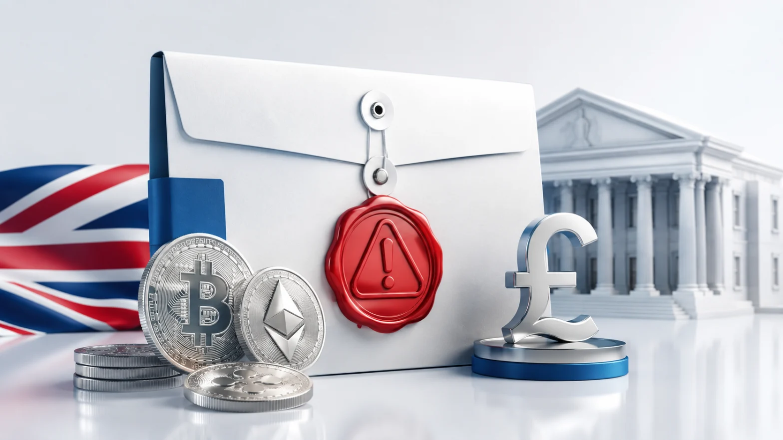 UK flag, cryptocurrency coins, British pound symbol, and an official envelope representing UK crypto tax enforcement and regulatory warnings.