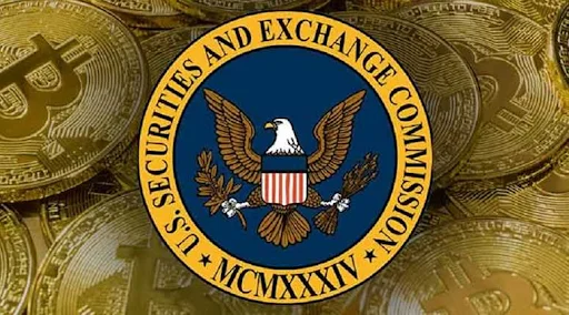 U.S. Securities and Exchange Commission seal over a background of Bitcoin coins.