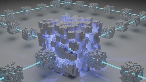 3D illustration of interconnected digital blocks forming a decentralized blockchain network.