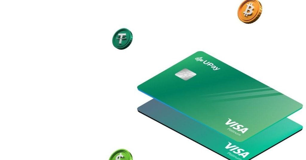 image shows a UPay card in green with crypto coins in USDT, USDT, and Bitcoin around it.