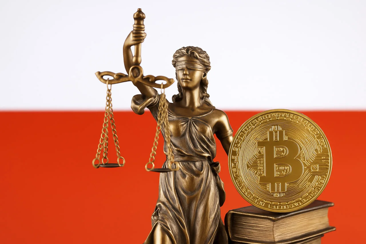 Lady Justice holding scales beside a Bitcoin coin and law books against the Polish flag, representing cryptocurrency regulation in Poland.
