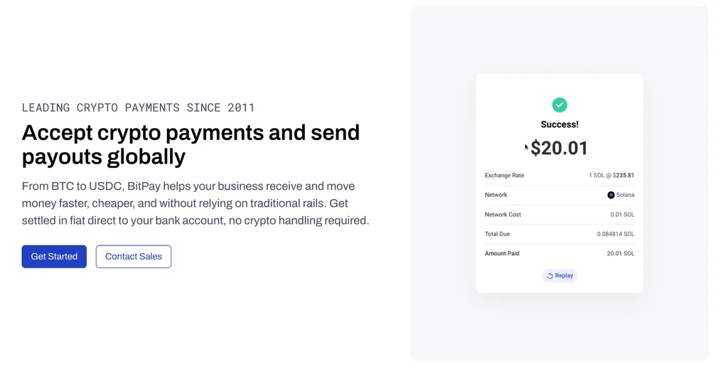 Bitpay webpage displays web content and action buttons