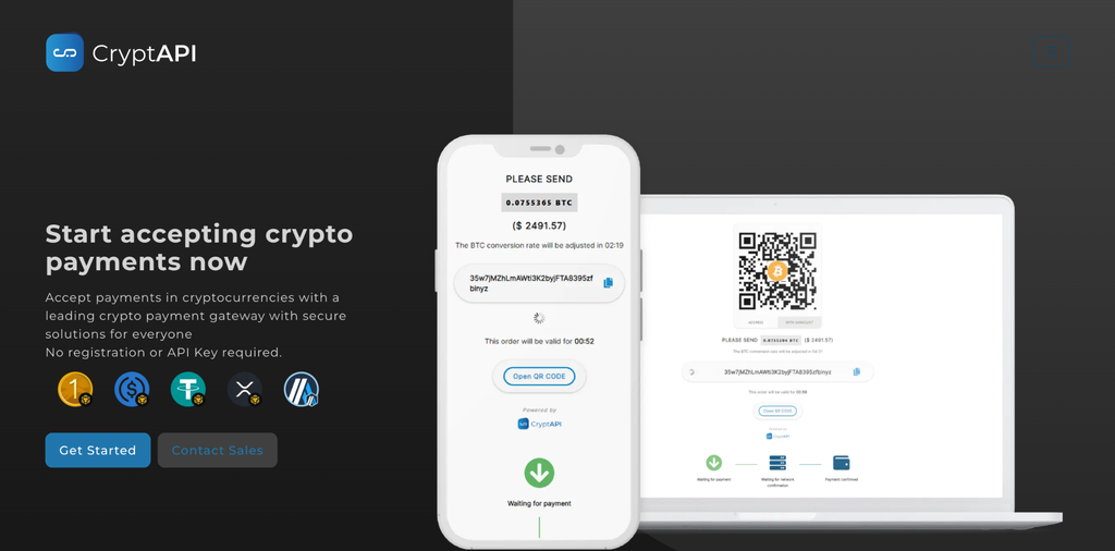 CryptAPI webpage displays web content and action buttons