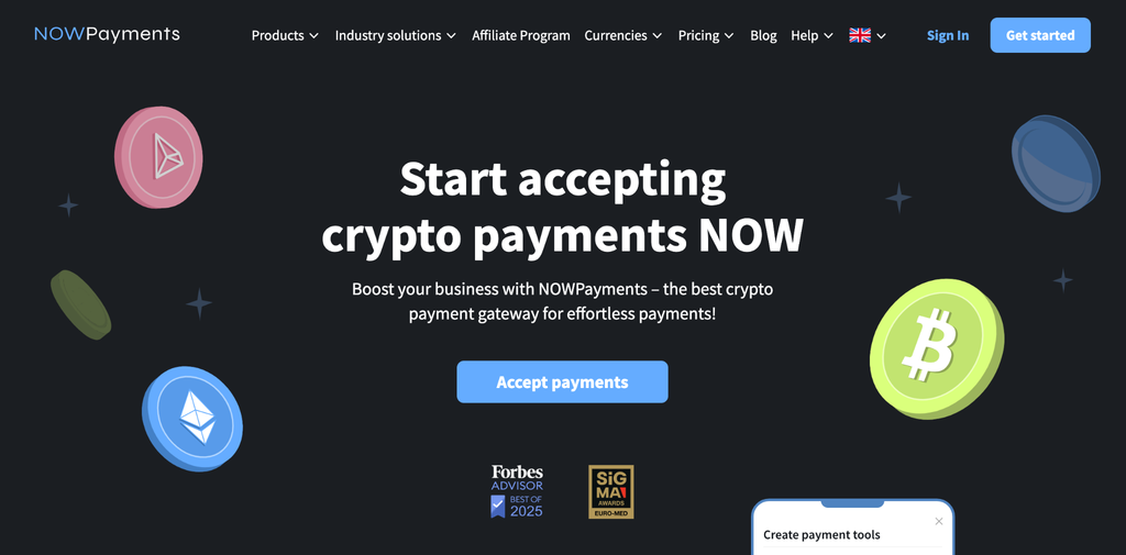 NOWPayments webpage displays web content and action buttons