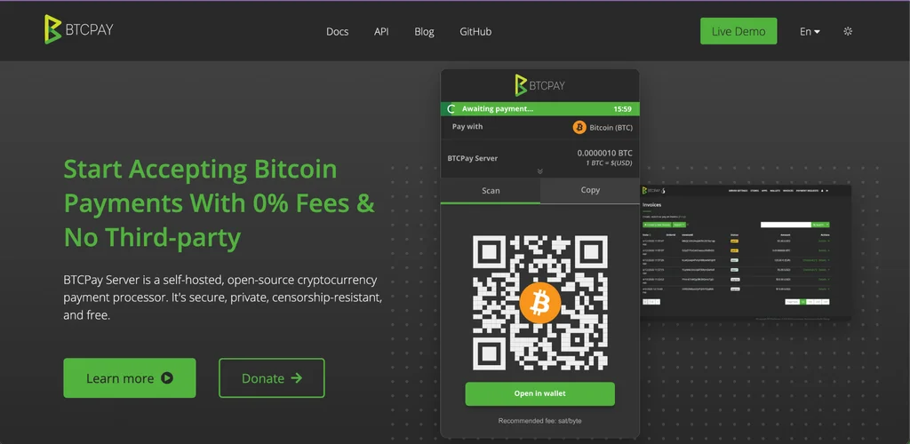 BTCPay Server webpage displays web content and action buttons