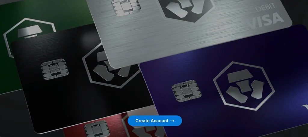 image displays the crypto.com cards in various colors of black, red, gray, green, and indigo