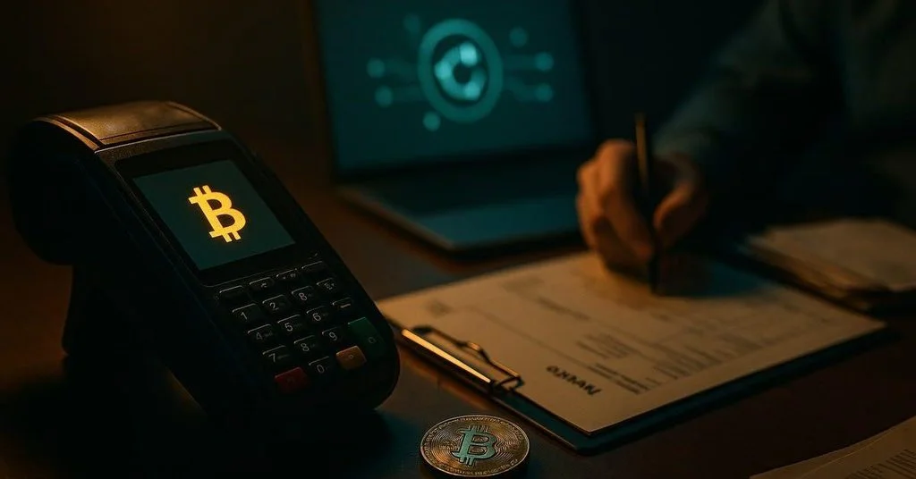 ai-generated image fo a hand holding a black pen, writing on a file beside a laptop, a POS with Bitcoin logo on the screen and gold BTC coin on the table