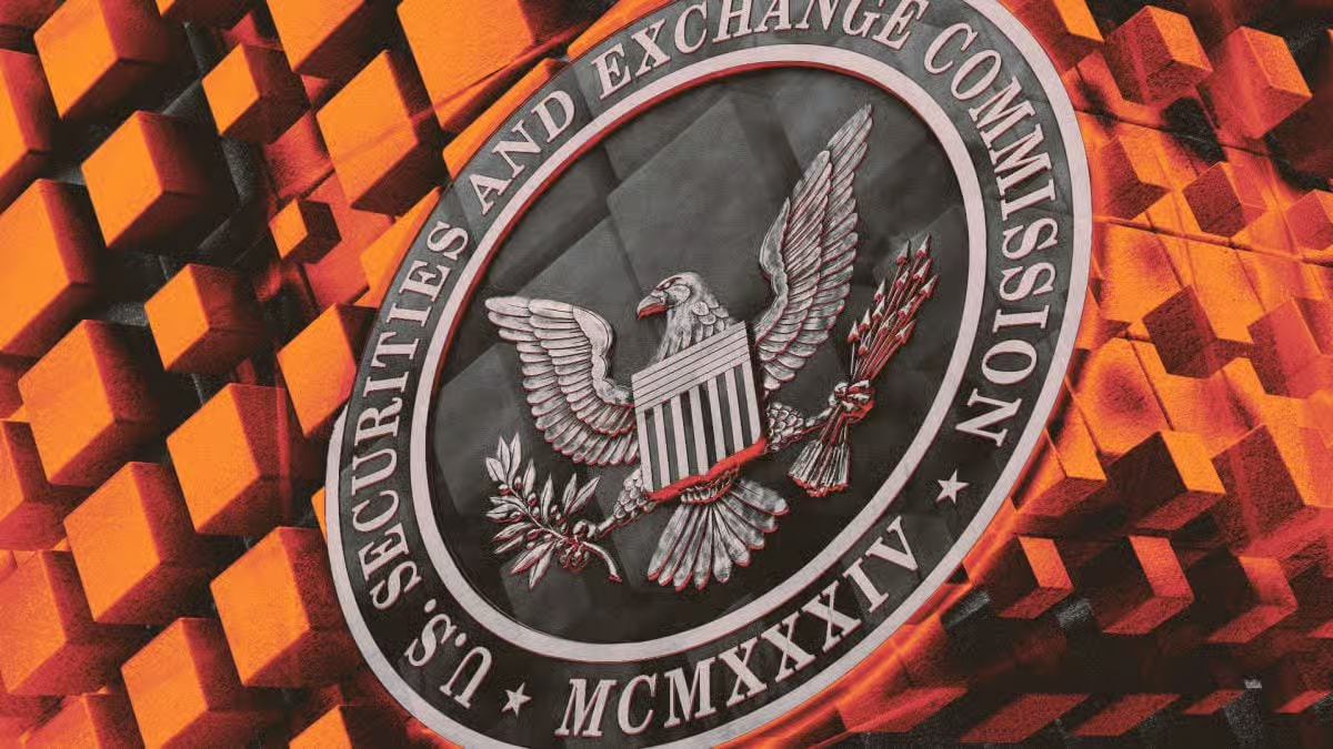 U.S. Securities and Exchange Commission (SEC) seal displayed against an abstract orange geometric background.