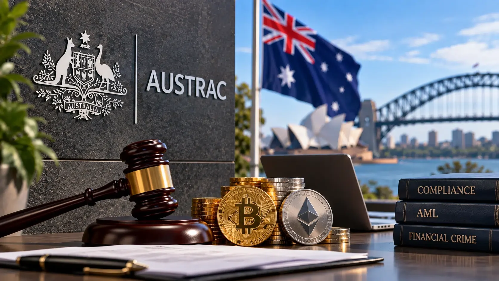 AUSTRAC sign alongside Bitcoin and Ethereum coins, a judge’s gavel, compliance books, and the Australian flag with Sydney landmarks in the background.